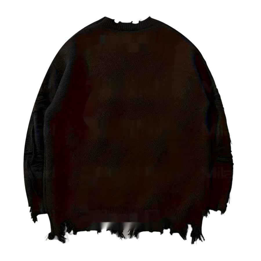 American New Dark Letter Jacquard Ripped Long Sleeves Warm Sweater