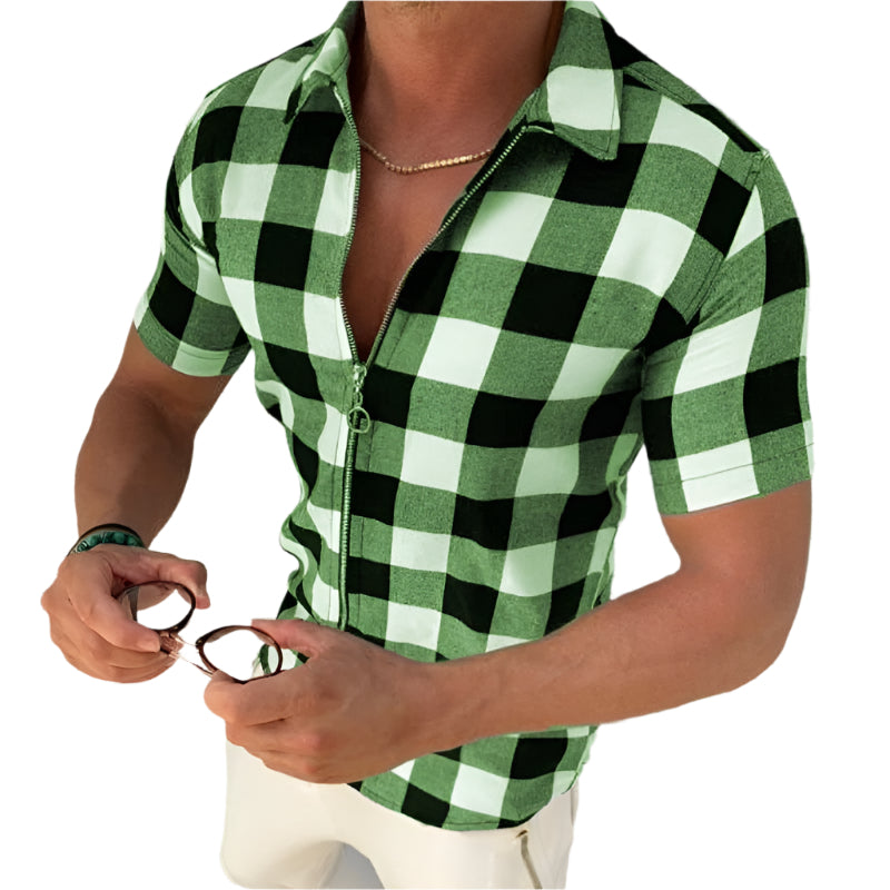 Plaid T Shirt Mens Zipper Short Sleeve