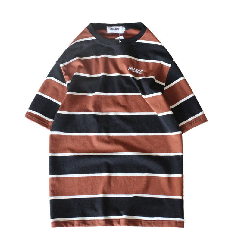Striped colorblock embroidered letter T-shirt