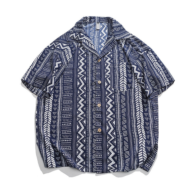 Men Trendy Vintage Stripe Printing Lapel Short Sleeve Shirt