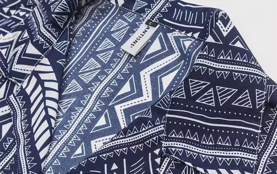 Men Trendy Vintage Stripe Printing Lapel Short Sleeve Shirt