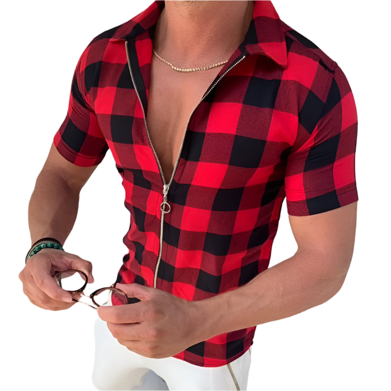 Plaid T Shirt Mens Zipper Short Sleeve