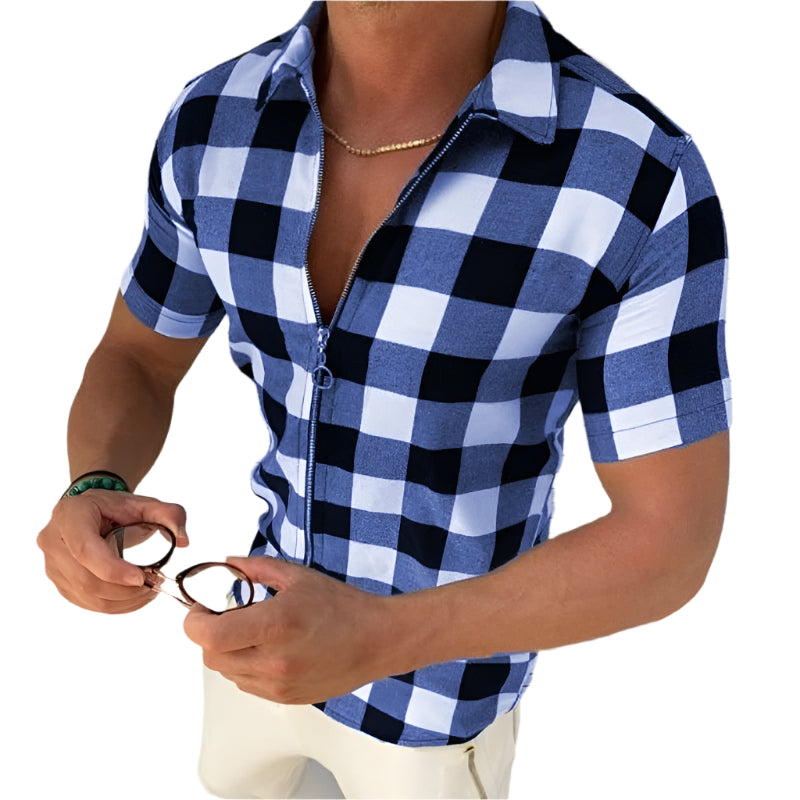 Plaid T Shirt Mens Zipper Short Sleeve