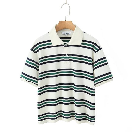 Retro Pure Cotton Striped Polo Shirt