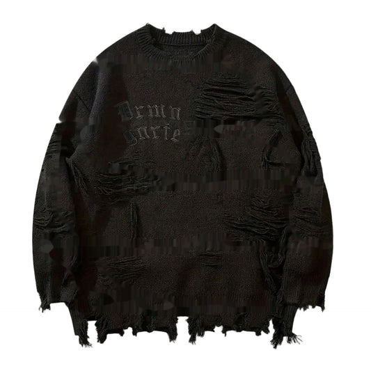 American New Dark Letter Jacquard Ripped Long Sleeves Warm Sweater