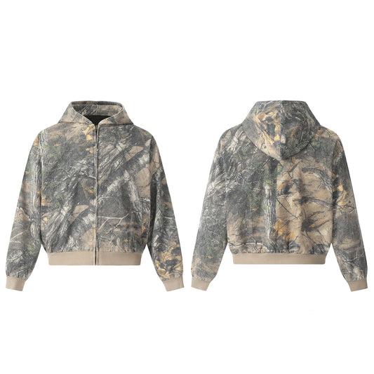 Printed Branches Camouflage Hooded Cardigan Sweater Coat