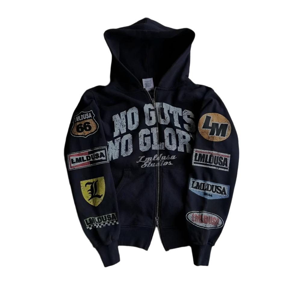 Street Hip-hop Vintage Printed Black Zipper Hooded Sweatshirt