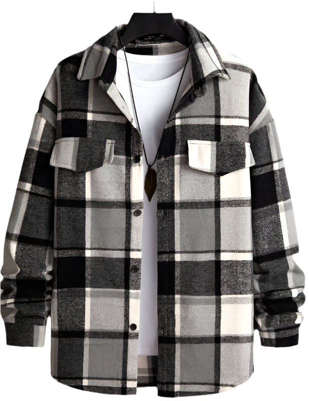 FallWinter Slim Brushed Plaid Long Sleeve Flannel Shirt Men
