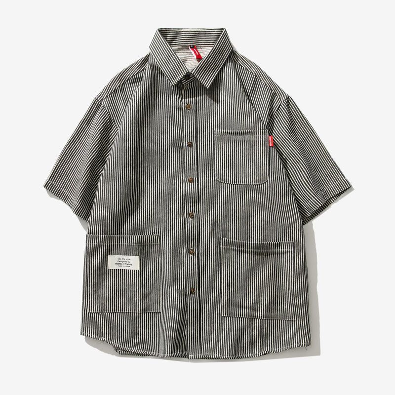 Striped Multi-Pocket Loose Half-Sleeved Shirt Men's