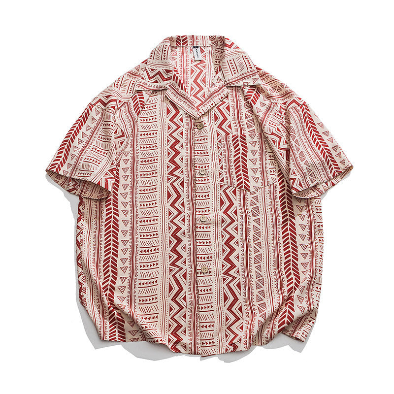 Men Trendy Vintage Stripe Printing Lapel Short Sleeve Shirt