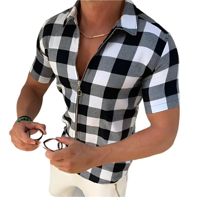 Plaid T Shirt Mens Zipper Short Sleeve