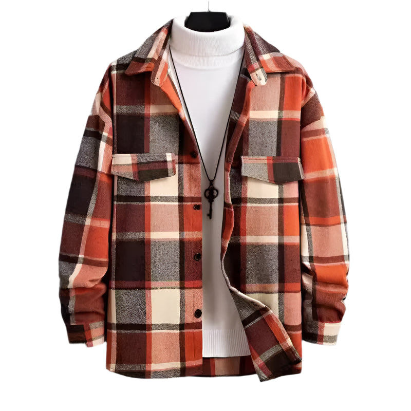 FallWinter Slim Brushed Plaid Long Sleeve Flannel Shirt Men