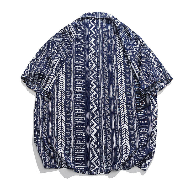 Men Trendy Vintage Stripe Printing Lapel Short Sleeve Shirt