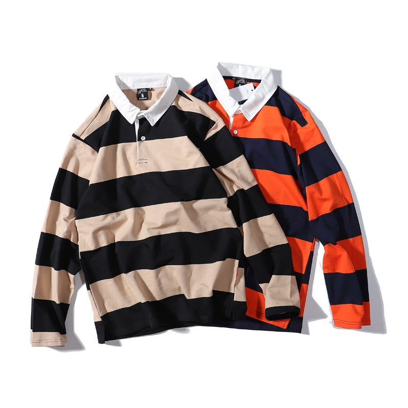 Striped Lapel Sweater Long-sleeved T-shirt Men