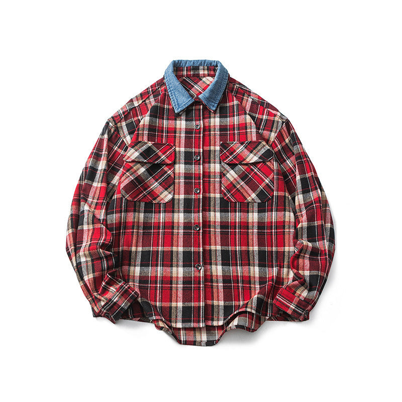 New Denim Lapel Plaid Shirt Men's