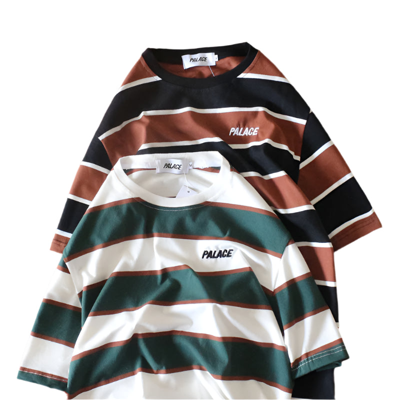 Striped colorblock embroidered letter T-shirt