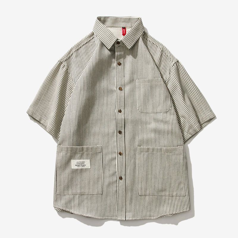 Striped Multi-Pocket Loose Half-Sleeved Shirt Men's