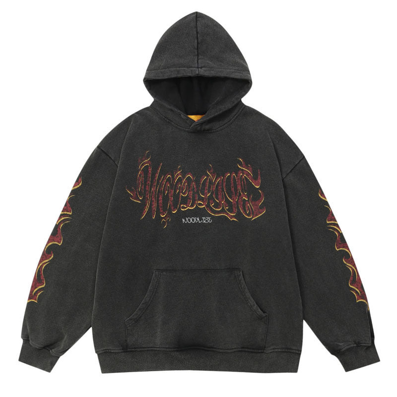 Retro Flame Letter Print Loose Hooded Sweater