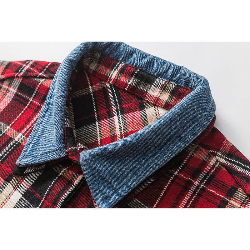New Denim Lapel Plaid Shirt Men's