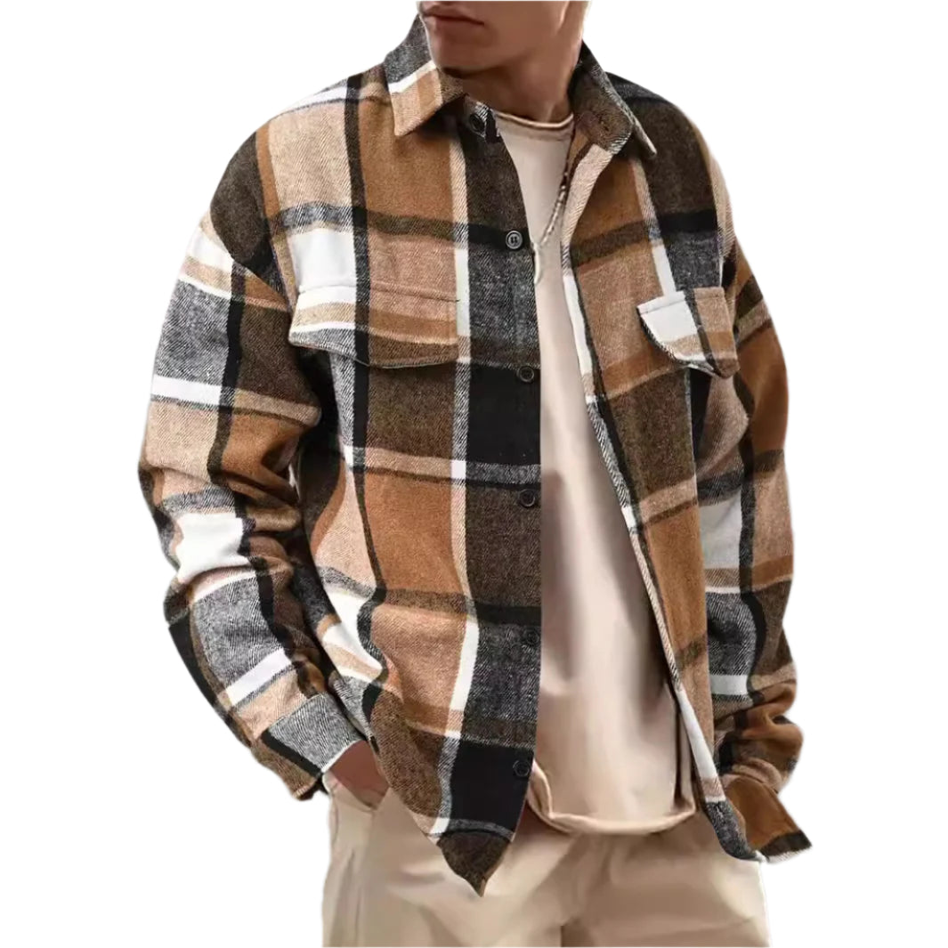 FallWinter Slim Brushed Plaid Long Sleeve Flannel Shirt Men
