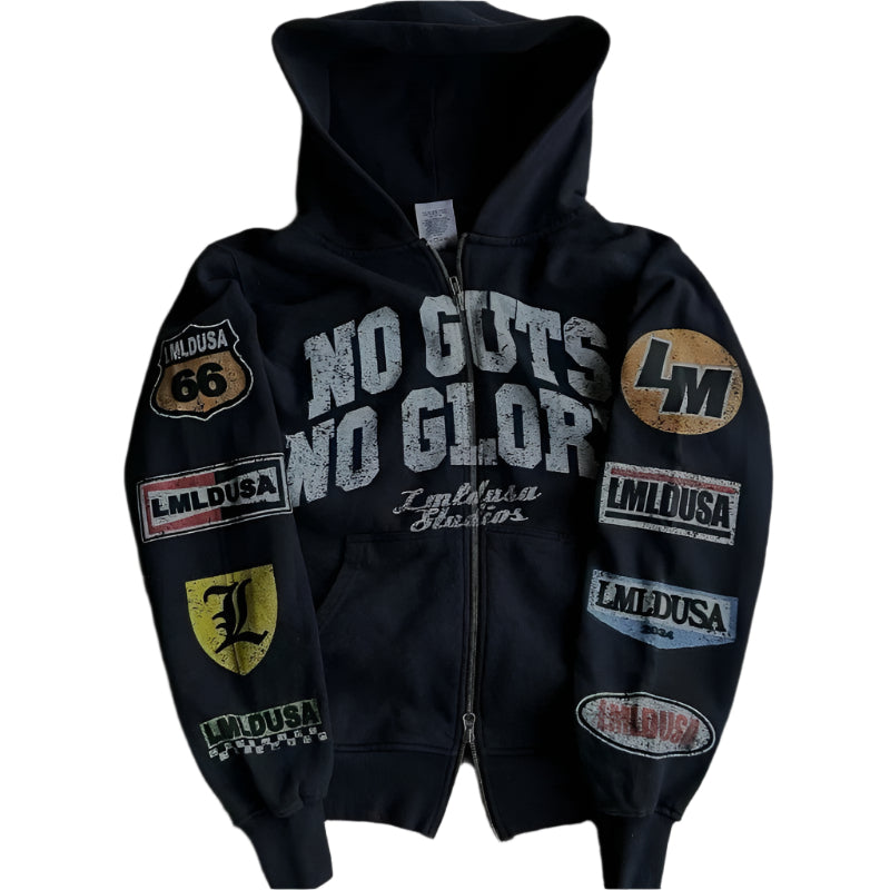 Street Hip-hop Vintage Printed Black Zipper Hooded Sweatshirt