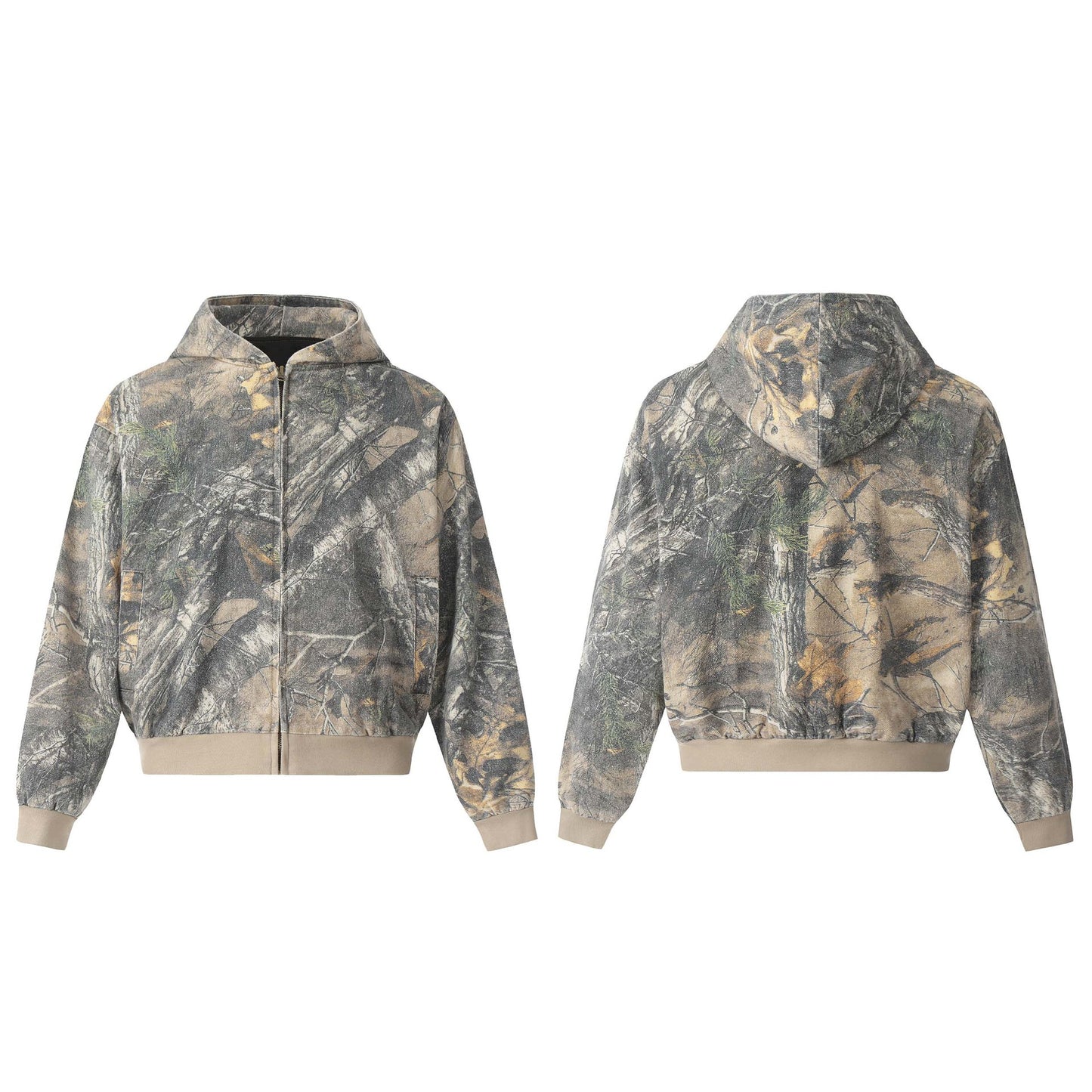 Printed Branches Camouflage Hooded Cardigan Sweater Coat