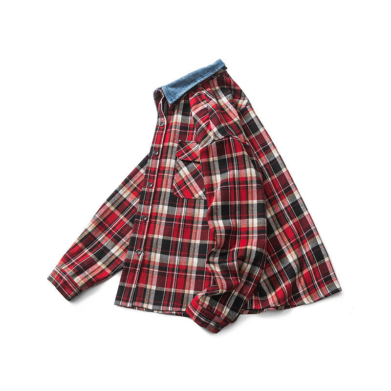 New Denim Lapel Plaid Shirt Men's