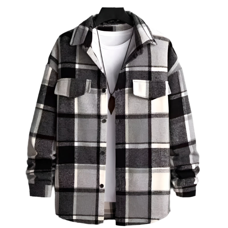 FallWinter Slim Brushed Plaid Long Sleeve Flannel Shirt Men