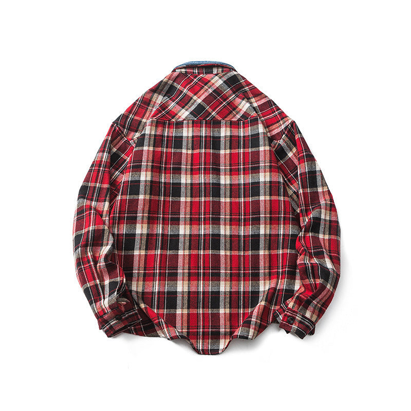 New Denim Lapel Plaid Shirt Men's