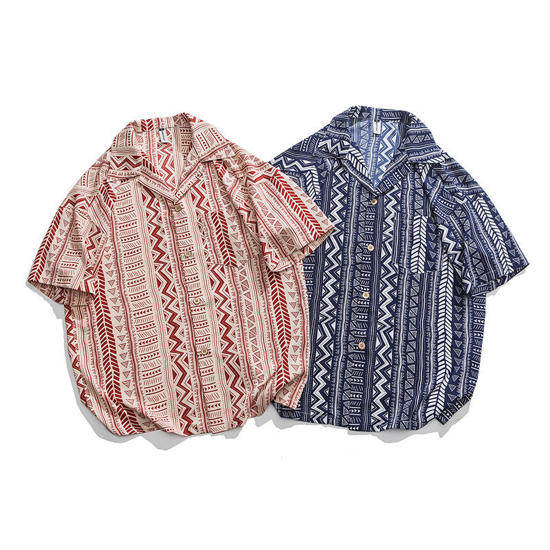 Men Trendy Vintage Stripe Printing Lapel Short Sleeve Shirt